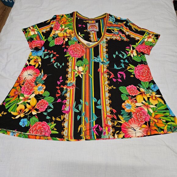 Johnny Was Floral V Neck Top Tee Women Size XL Bamboo - Picture 14 of 15